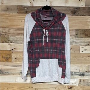 7th Ray size XL Red and Black Plaid with Cream Long Sleeve Cowl Sweatshirt